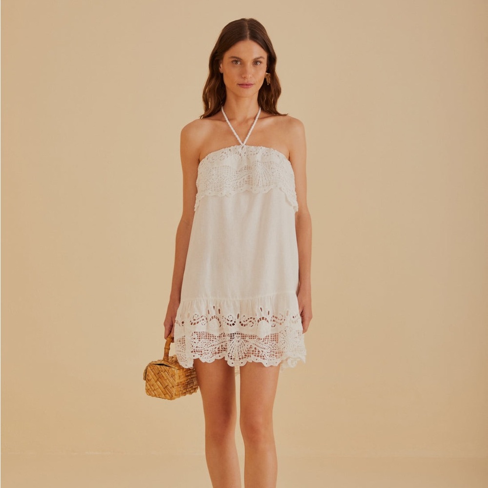 FARM Rio Off-White Embroidered Guipure Euroflax Premium Linen Mini Dress
